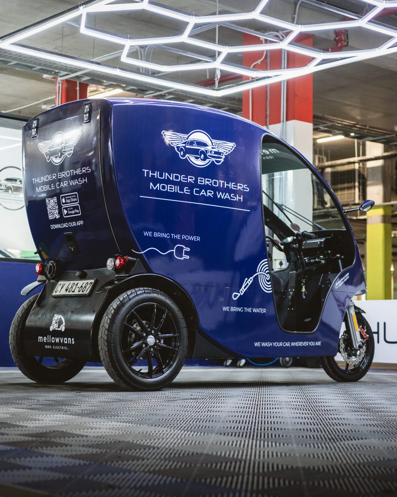 Thunder Brothers mobile car wash unit in an underground parking bay, carrying its own water and power